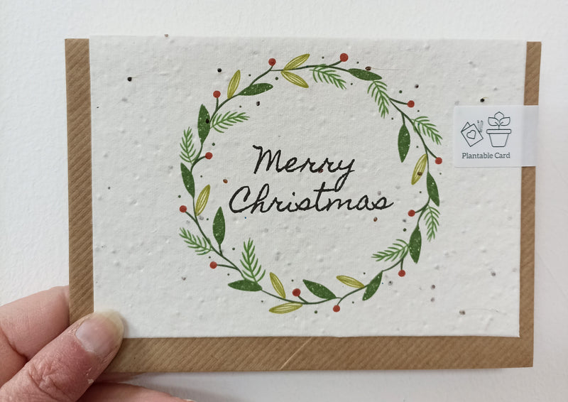 Plantable Christmas card - Merry Christmas green wreath with red berries