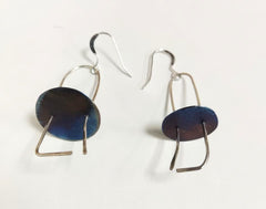 Sterling silver drop wire earrings with blue titanium disc