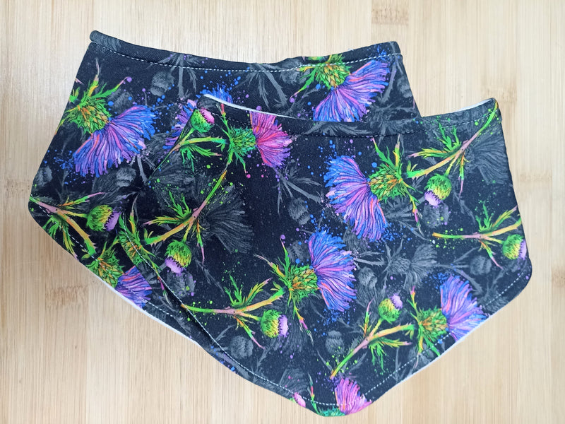 Bandana style bib - black thistles print