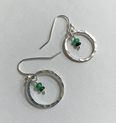 Sterling silver hoop earrings with Emerald chip beads