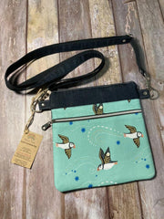 Small cross body bag - Mint cotton flying puffins & denim