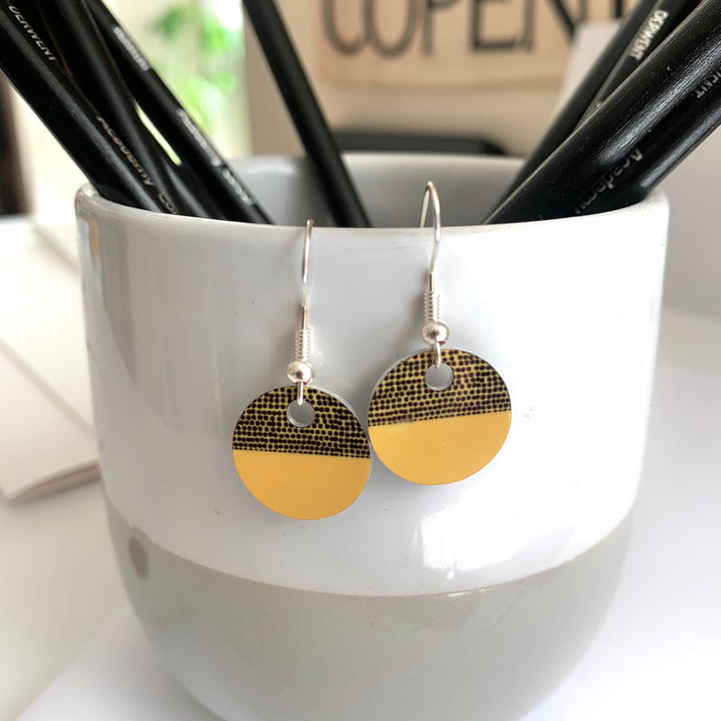 'Balance' round printed aluminium earrings (green, mustard or orange)