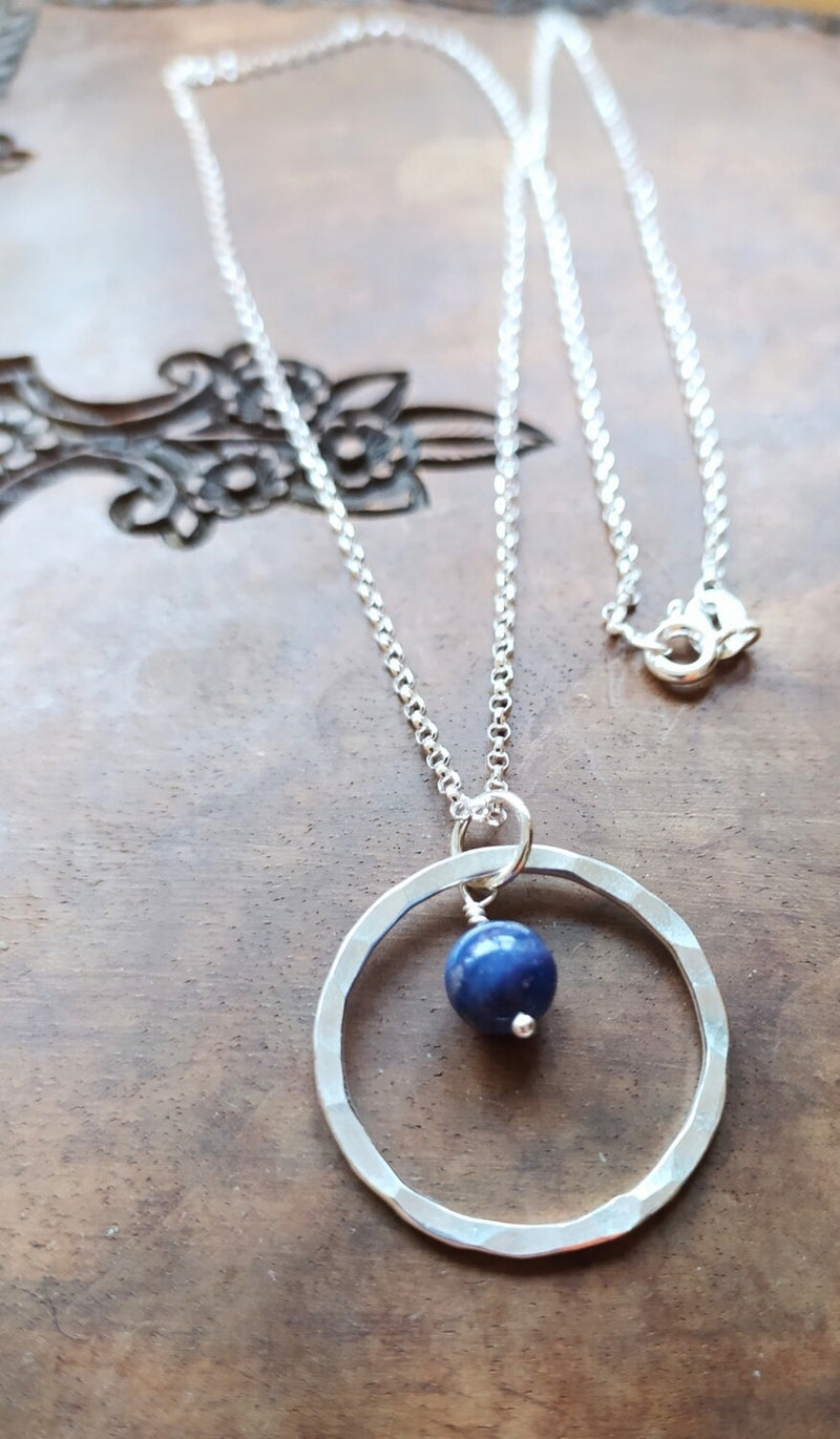 Sterling silver hoop necklace with Lapis Lazuli