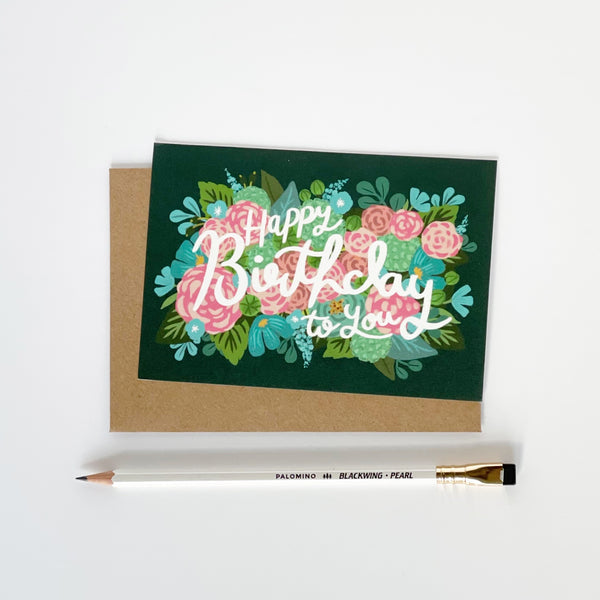 Happy birthday to you dark green with pink & turquoise flowers card
