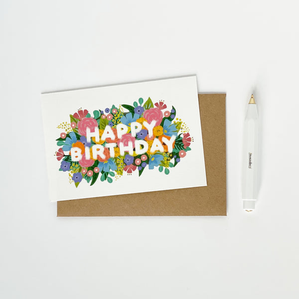 Happy birthday white colourful flowers card