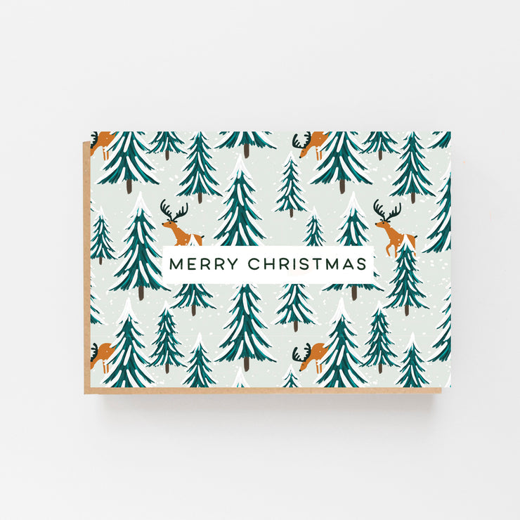 Merry Christmas reindeer and trees card