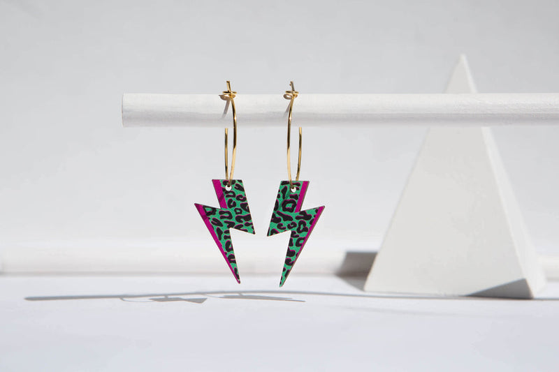 Printed wooden 'Rebel Rebel' lightning bolt hoops