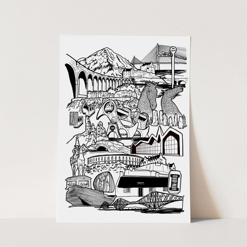 Scotland Landmarks print - available in either A3 or A4 size