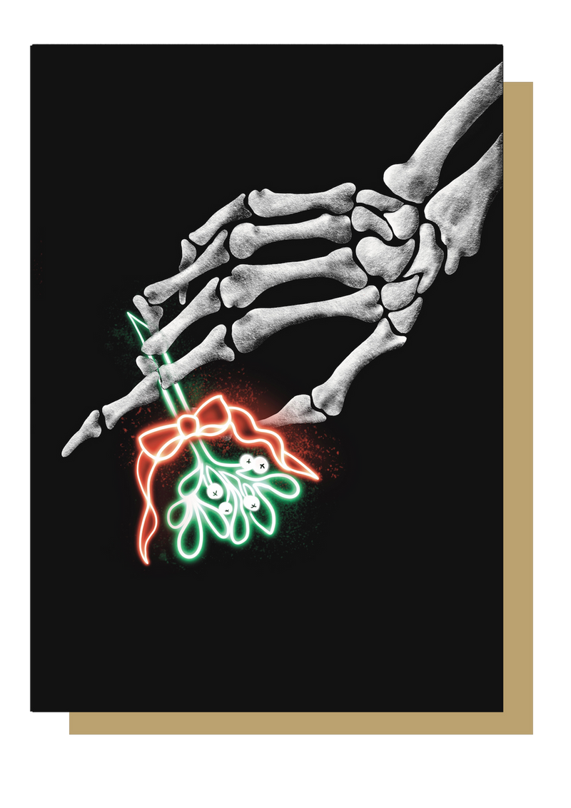 Skeleton hand with mistletoe Christmas card