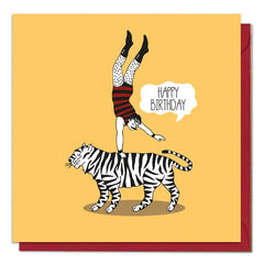 Happy birthday tiger and balancing circus man card