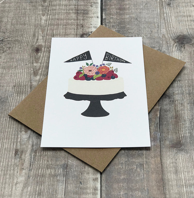 Happy birthday cake with fruit & flowers card
