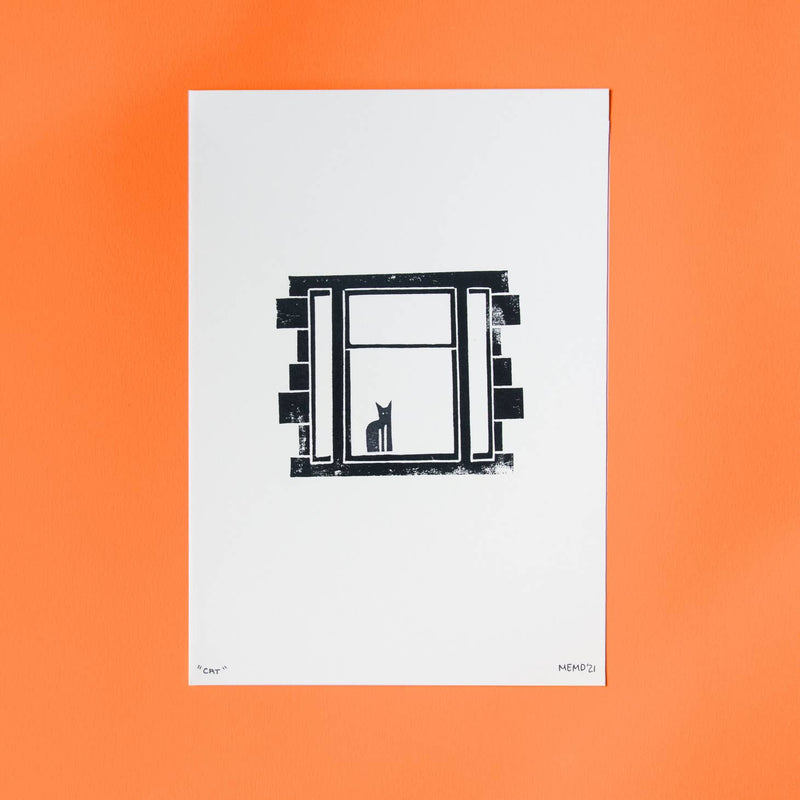 Window Cat A5 linocut print