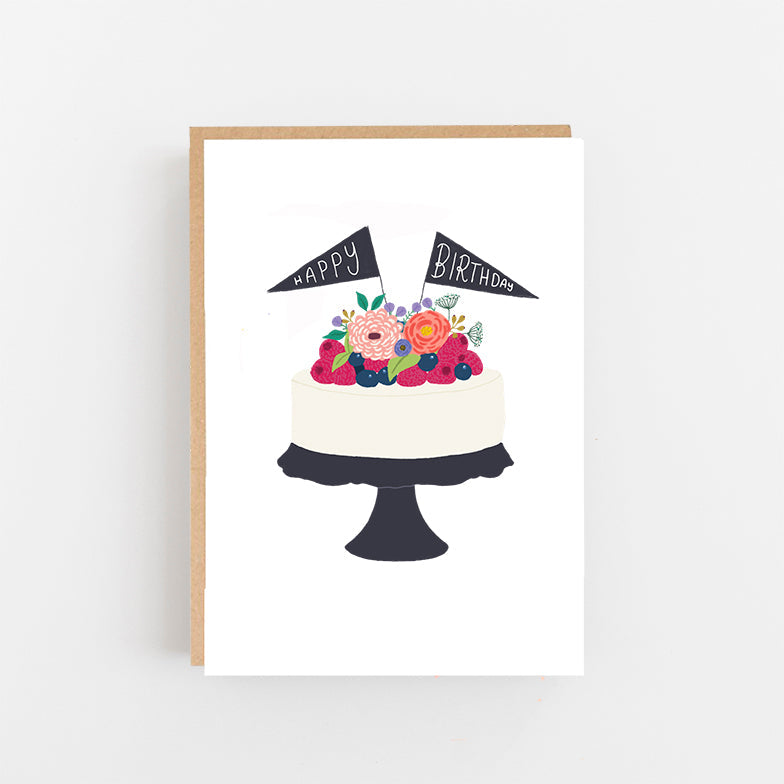 Happy birthday cake with fruit & flowers card
