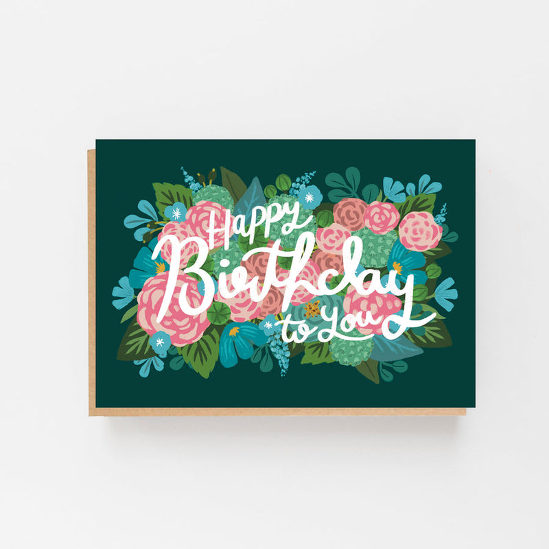 Happy birthday to you dark green with pink & turquoise flowers card