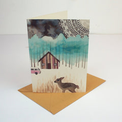Illustrated card - sun dance (cabin & fawn)