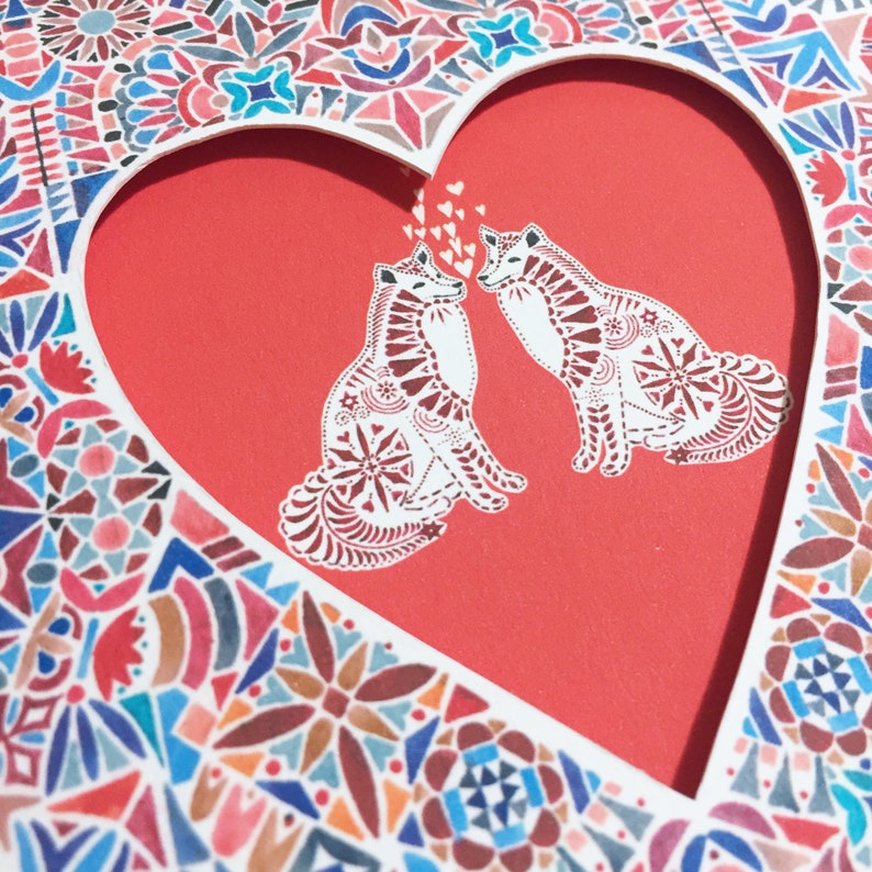 Illustrated card - heart foxes