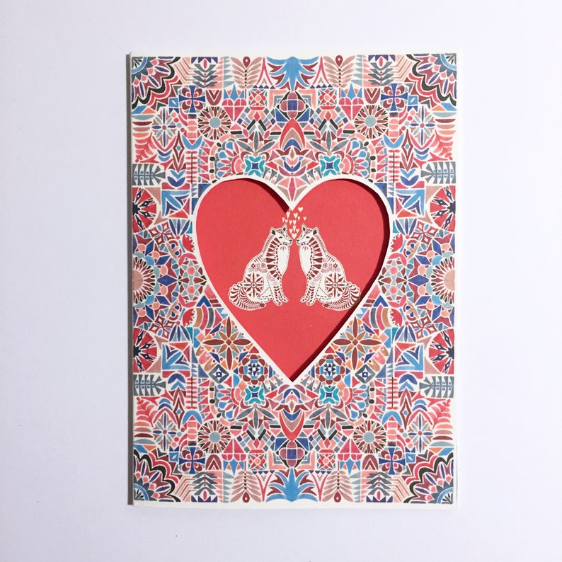 Illustrated card - heart foxes