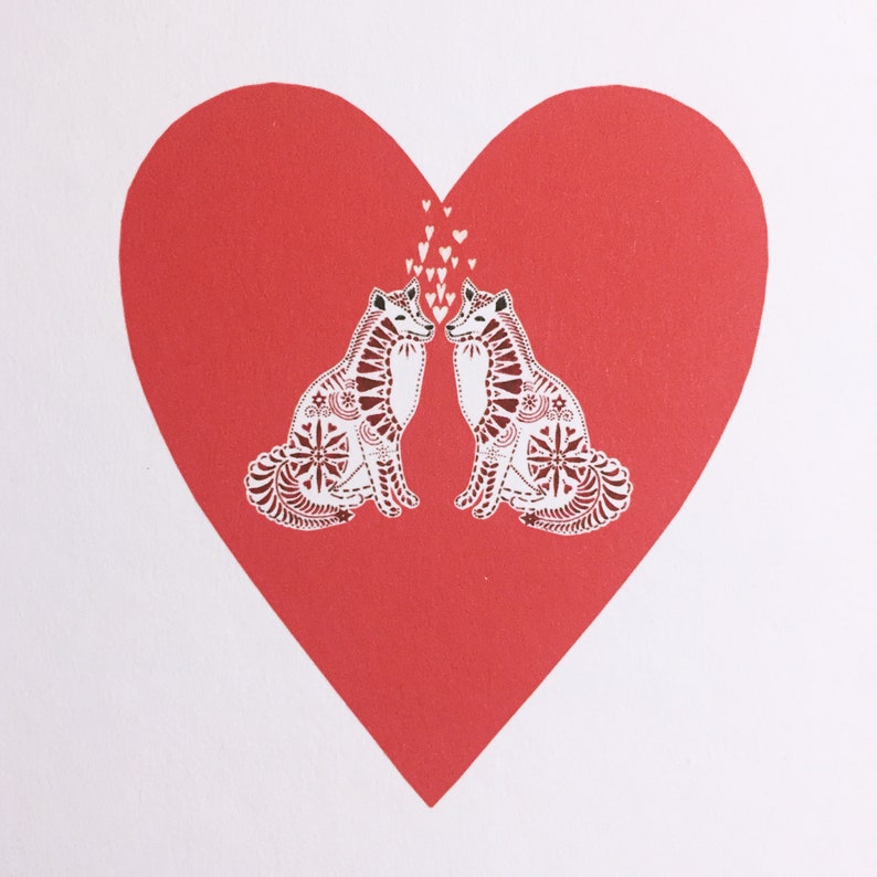 Illustrated card - heart foxes