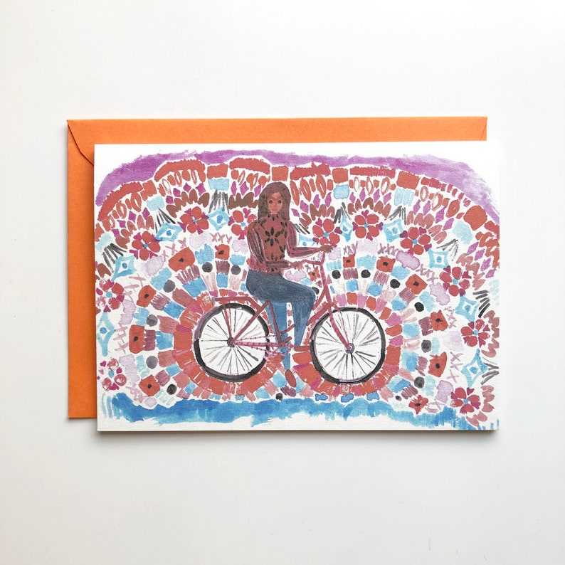 Illustrated card - woman on bicycle