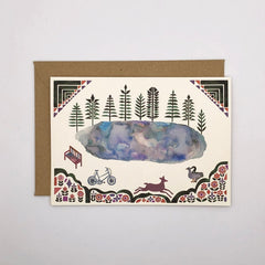 Illustrated card - around the lake (bicycle, ducks & fawn)