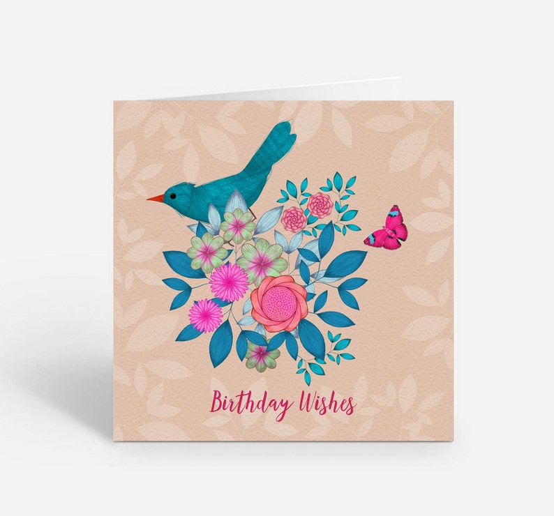 Birthday wishes blue bird, flowers & butterfly card