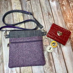 Small cross body bag - Shetland Heather Purple Tweed & denim