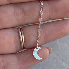 Sterling silver textured crescent moon necklace