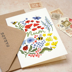 Mum flowers, butterflies and bee card
