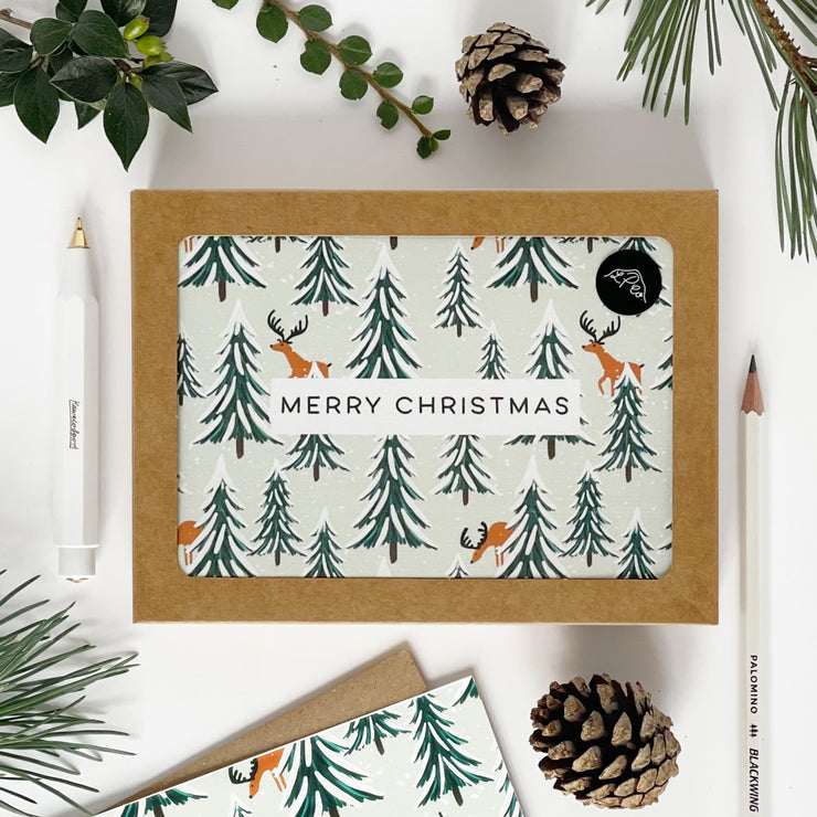 Pack of 8 Merry Christmas reindeer and trees cards