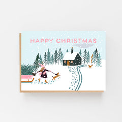 Happy Christmas girl with pink sledge & dog card