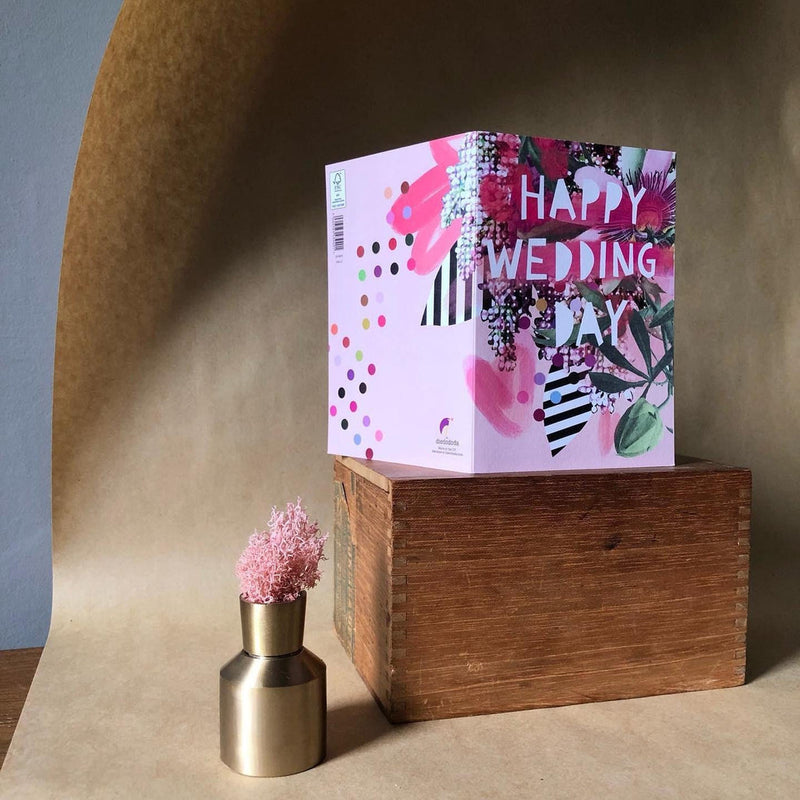 Happy wedding day pink flowers and stripes card
