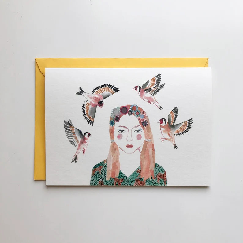 Illustrated card - woman with goldfinches